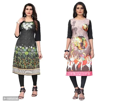 Women's Crepe Digital Print Straight Kurta (Pack Of 2)BlackCream-thumb0