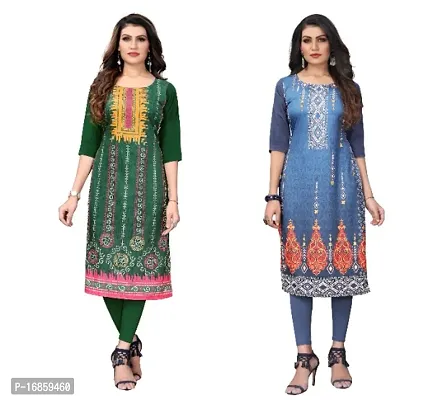 Sanskruti fashion Women's Crepe Digital Print Straight Kurta (Pack Of 2)LightGreenBlueGrey-thumb0