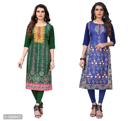 Sanskruti fashion Women's Crepe Digital Print Straight Kurta (Pack Of 2)LightGreenNavyBlue