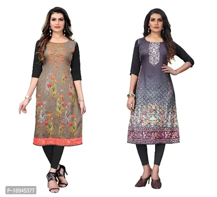 Sanskruti fashion Women's Crepe Digital Print Straight Kurta (Pack Of 2)SaddleBrownBlack-thumb0