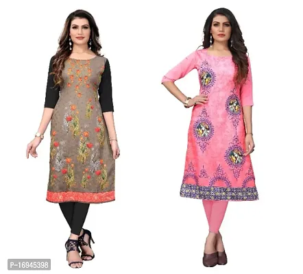 Sanskruti fashion Women's Crepe Digital Print Straight Kurta (Pack Of 2)SaddleBrownRosePink-thumb0