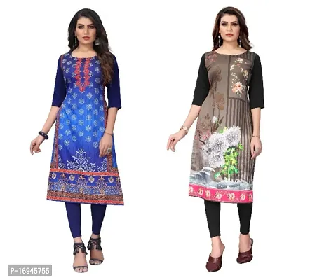 Women's Crepe Digital Print Straight Kurta (Pack Of 2)NavyBlueWhiteBlack-thumb0