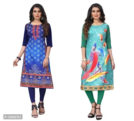 Women's Crepe Digital Print Straight Kurta (Pack Of 2)NavyBlueSpringGreen-thumb0