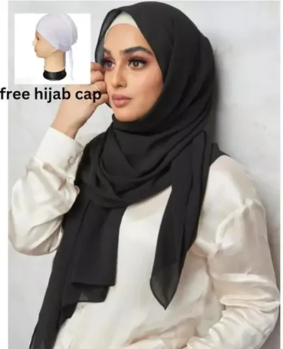 Fancy Georgette Solid Stole With Hijab Cap For Women