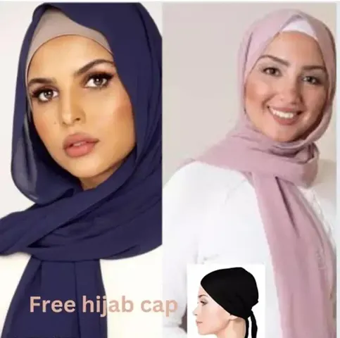 Fancy Georgette Solid Stole With Hijab Cap For Women - Pack Of 3