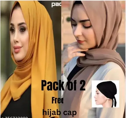 Fancy Georgette Solid Stole With Hijab Cap For Women - Pack Of 2