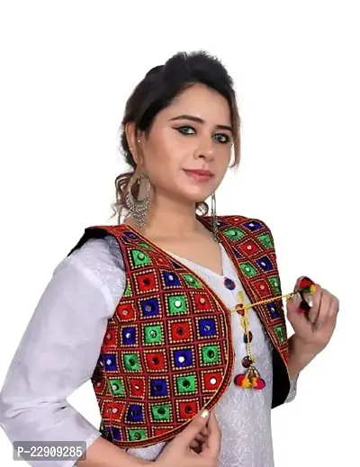 Womens Cotton Ethnic Traditional Kutchi Short Jacket Embroidered Rajasthani Mirror Work Navratri Gujrati Kutchi Koti for Girls - Multicolor-thumb0