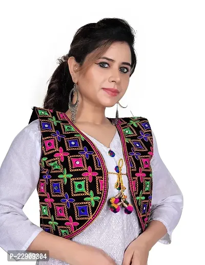 Traditional Kutchi Short Jacket Embroidered Rajasthani Mirror Work Navratri Gujrati Kutchi Koti for Girls- Black-thumb0