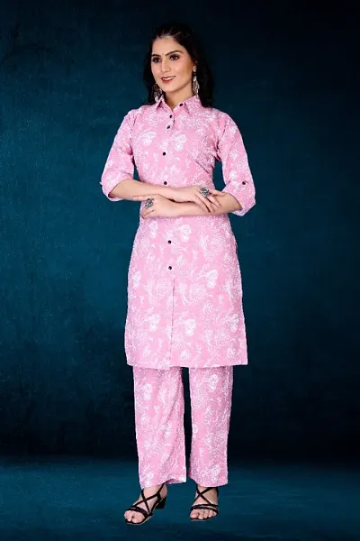 Stylish Cotton A-Line Floral Printed Kurta Bottom Set