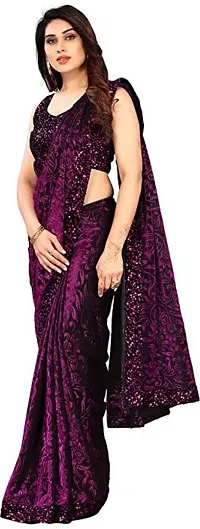 Trendy Purple Lycra Embellished Saree With Blouse Piece-thumb1