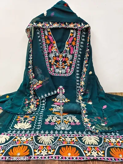 Elegant Teal Chanderi Silk Embroidered Dress Material with Dupatta For Women-thumb0