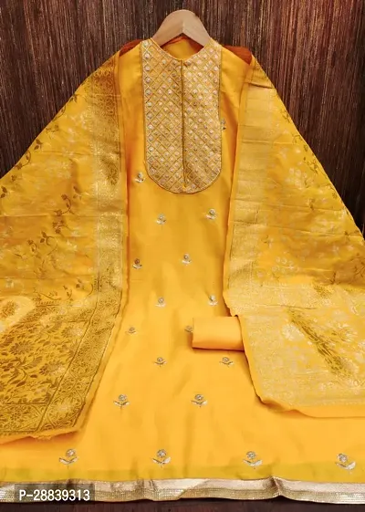 Elegant Yellow Cotton Embroidered Dress Material with Dupatta For Women-thumb2