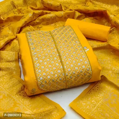 Elegant Yellow Cotton Embroidered Dress Material with Dupatta For Women-thumb0