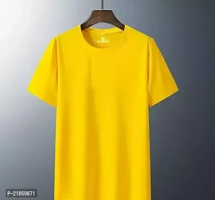 Reliable Yellow Cotton Blend Solid Round Neck Tees For Men