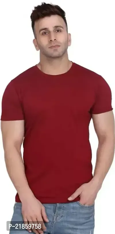 Reliable Red Cotton Blend Solid Round Neck Tees For Men