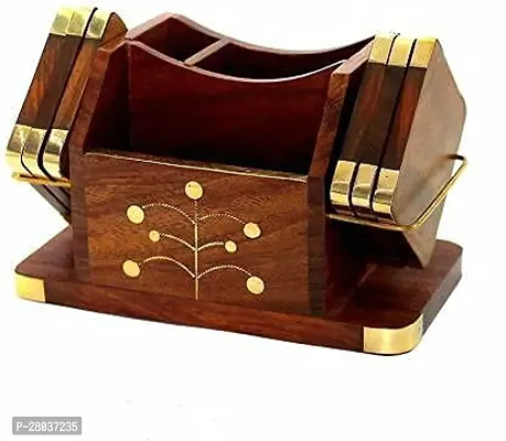 Wooden Coaster set Pen holder stand Wooden Desk organiser Bussiness Card Holder with Brass work