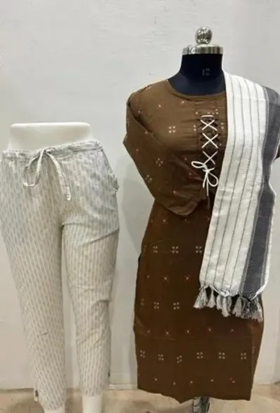 Stylish Cotton Kurta, Bottom And Dupatta Set