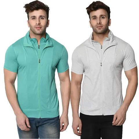 JANGOBOY Men's Half Sleeve Cotton Blend Polo Neck Zipper T-Shirt (Pack of 2)