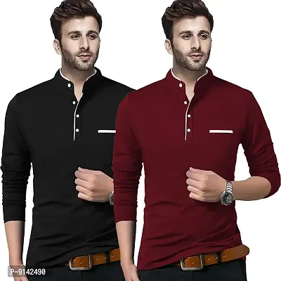JANGOBOY Men's Cotton Blend Full Sleeve Henley Collar T-Shirt (F4u-496-497-xl_Black  Maroon_XL) Pack of 2-thumb0