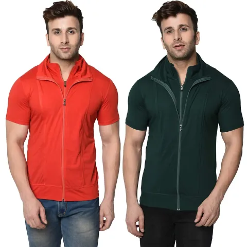 JANGOBOY Men's Half Sleeve Cotton Blend Polo Neck Zipper T-Shirt (Pack of 2)