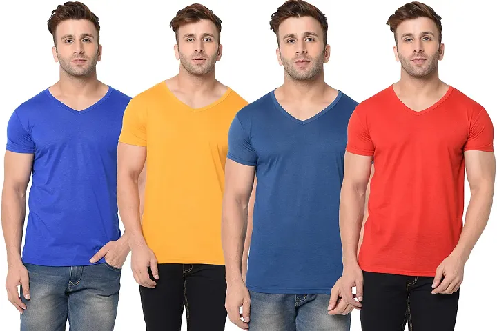 JANGOBOY Men's Half Sleeve Cotton V Neck T-Shirt (Pack of 4)