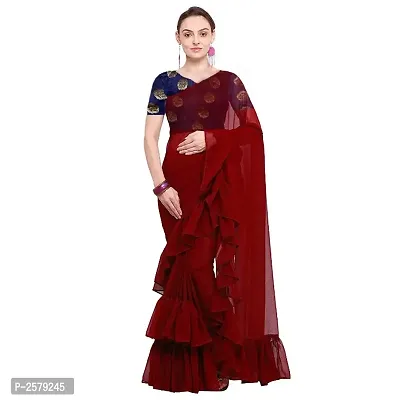 Pure Georgette Ruffle Lace Saree With Contrast Blouse-thumb0
