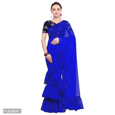 Pure Georgette Ruffle Lace Saree With Contrast Blouse