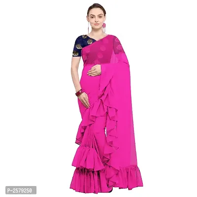 Pure Georgette Ruffle Lace Saree With Contrast Blouse