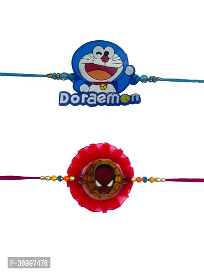 Les Bon Amis Modern Cartoon Character Rakhi for Kids with Roli Chawal | Rakhee for Younger Brother, Bro, Child, Little One, Baby, Baby Boy, Girl - Pack of 2 Cartoon Character Doraemon and Spider Man-thumb0