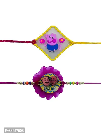 Les Bon Amis Modern Cartoon Character Rakhi for Kids with Roli Chawal | Rakhee for Younger Brother, Bro, Child, Little One, Baby, Baby Boy, Girl - Pack of 2 Cartoon Character Peppa Pig and Motu Patlu