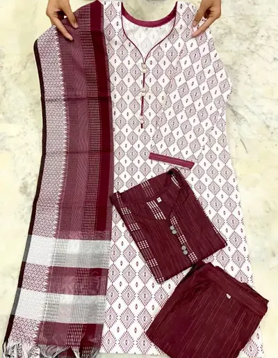 Stylish Cotton Printed Kurta Bottom Dupatta Set