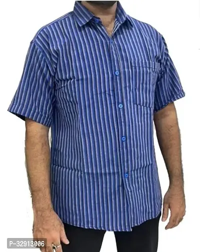 Reliable Blue Cotton Striped Short Sleeves Casual Shirt For Men-thumb0