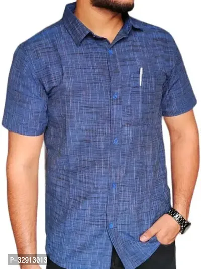 Reliable Blue Cotton Solid Short Sleeves Casual Shirt For Men-thumb0