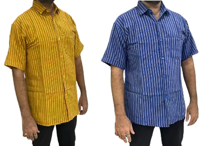 Trendy Blend Short Sleeves Regular Fit Striped Casual Shirt For Men Pack Of 2