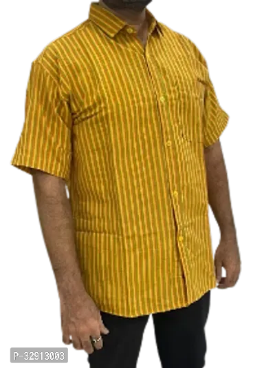 Reliable Yellow Cotton Striped Short Sleeves Casual Shirt For Men-thumb0