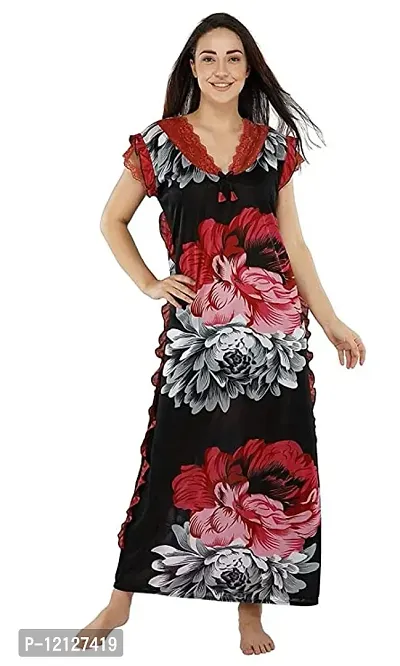 Elegant Red Satin Floral Print Nighty For Women-thumb0