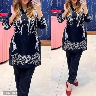 Stylish Navy Blue Rayon  Printed Kurta With Pant Set For Women