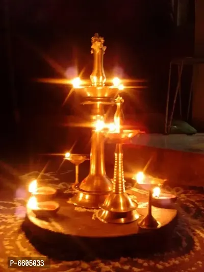 Denique Traditional Kerala Brass Oil/Ghee Diya, Deepak, Lamp | Designer Long Diyas for Home, Pooja Room, Pancharti | Panchmukhi Pital Diya for Puja, Decoration, Aarti, Diwali (Pack of  1-thumb5