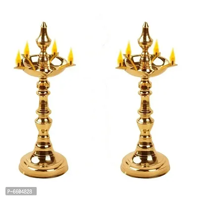 Denique Traditional Kerala Brass Oil/Ghee Diya, Deepak, Lamp | Designer Long Diyas for Home, Pooja Room, Pancharti | Panchmukhi Pital Diya for Puja, Decoration, Aarti, Diwali (Pack of  2-thumb4