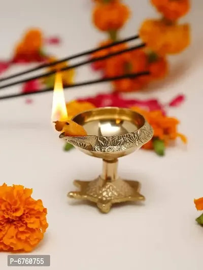 Denique Brass Kuber Diya with Turtle Base, Engraved Design Diyas for Pooja and Return Gifts(1 Pieace)