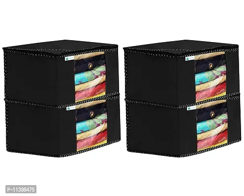 Unicrafts Saree Cover Extra Large Saree Organizer with a Large Transparent Window for Clothes Wardrobe Organiser Non Woven Sari Storage Bags Combo Set of 4 Pc Black