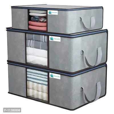 Unicrafts Underbed Storage Bag Foldable Clothing Storage Bag for Clothes Comforter Blanket Organizer with a Large Transparent Window and Side Handles Combo Pack of 3 Pieces Grey (2 Large  1 Medium)-thumb0