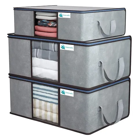 Unicrafts Underbed Storage Bag Foldable Clothing Storage Bag for Clothes Comforter Blanket Organizer with a Large Transparent Window and Side Handles Combo Pack of 3 Pieces Grey (2 Large & 1 Medium)