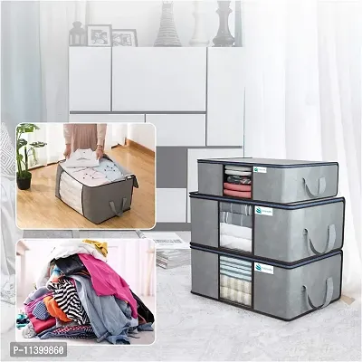 Unicrafts Underbed Storage Bag Foldable Clothing Storage Bag for Clothes Comforter Blanket Organizer with a Large Transparent Window and Side Handles Combo Pack of 3 Pieces Grey (2 Large  1 Medium)-thumb2