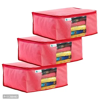 Unicrafts Saree Cover Non Woven Sari Storage Bags with a Large Transparent Window for Clothes Wardrobe Organizer Extra Large Saree Organizer Combo Pack of 4 Pc Pink-thumb0