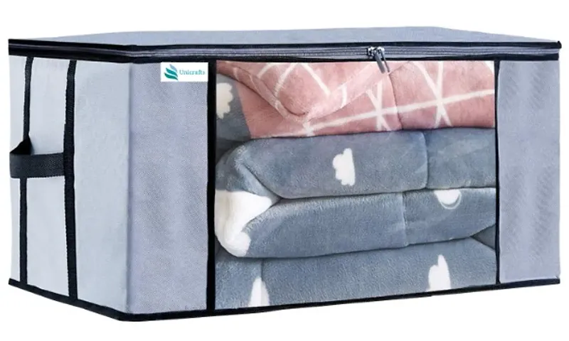 Unicrafts Underbed Storage Bag Storage Organizer Blanket Storage Bag for Wardrobe Organizer Blanket Cover with a large Transparent Window and Side Handles Pack of 1 Pc Grey