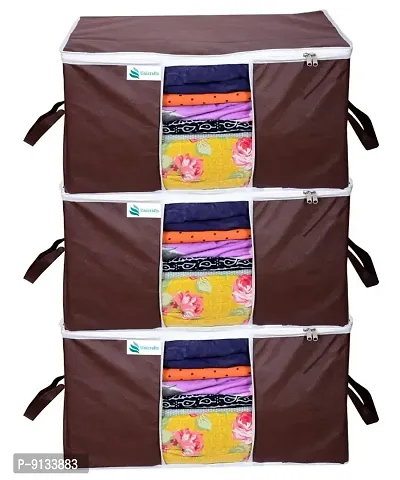 Unicrafts Underbed Storage Bag Storage Organizer Blanket Storage Bag for Wardrobe Organizer Blanket Cover with a large Transparent Window and Side Handles Pack of 3 Brown-thumb0
