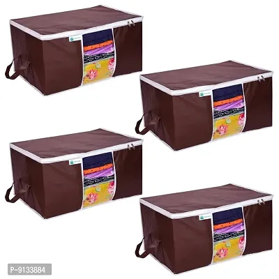 Underbed Storage Bag Storage Organizer Blanket Storage Bag for Wardrobe Organizer Blanket Cover with a large Transparent Window and Side Handles Pack of 4 Brown-thumb0