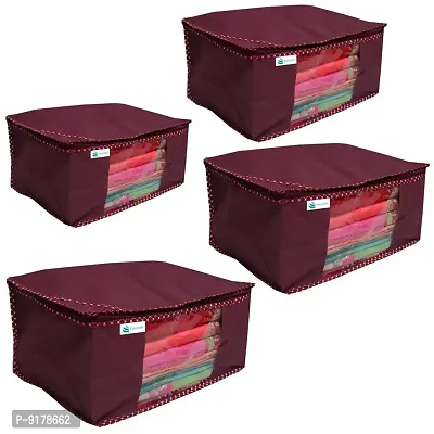 Unicrafts Saree Cover Extra Large Saree Organizer with a Large Transparent Window for Clothes Wardrobe Organiser Non Woven Sari Storage Bags Combo Set of 4 Pc Maroon-thumb0
