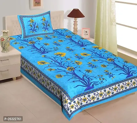 Home@shop Jaipuri Look Cotton Printed Single Bedsheet with One Pillow Cover -Blue-thumb0